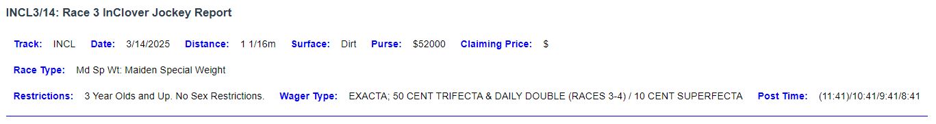 Race Description InClover Jockey Report Help Page