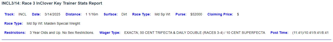 InClover Key Trainer Stats  Race Description