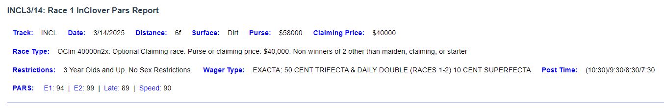 InClover Pars Report Race Description