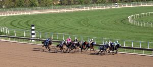 View of horse racing on dirt track zoomed out.